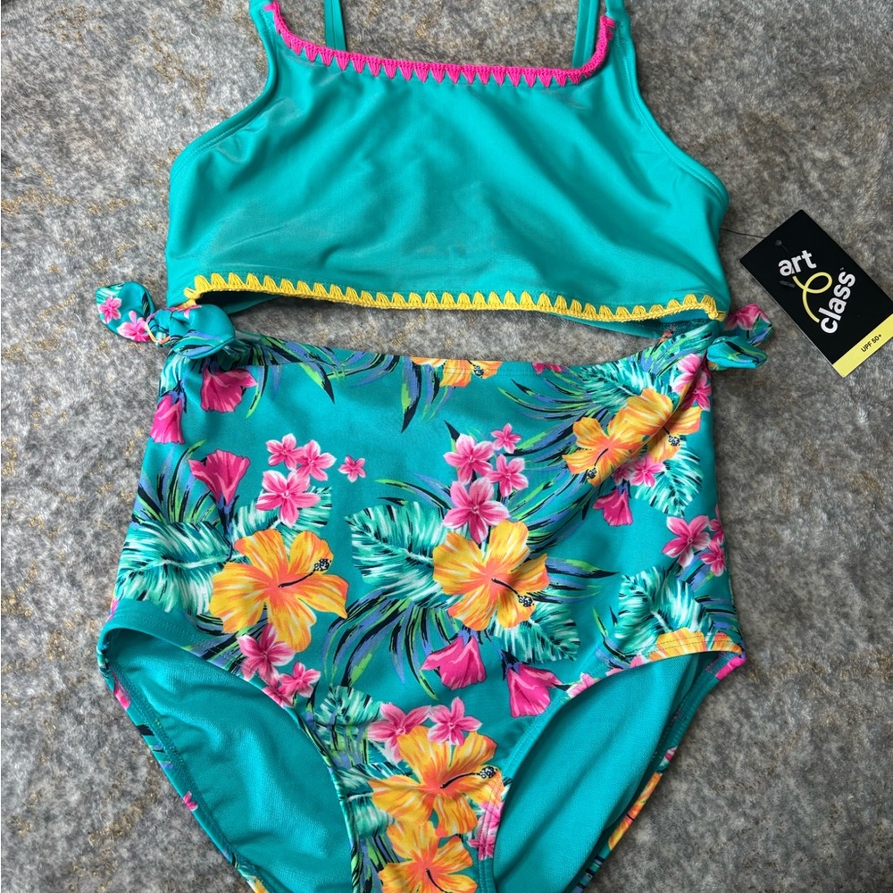 NET GIRLS ONE PIECE Art Class Turquoise Floral Kids Bikini LARGE 10/12